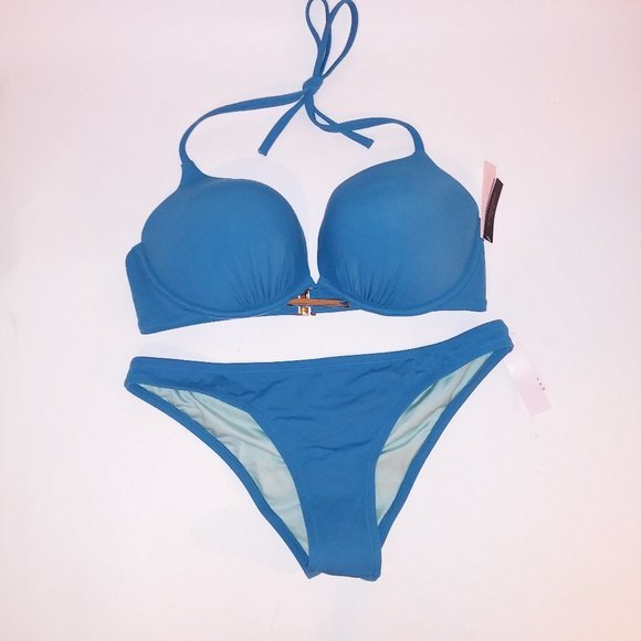 Victoria Secret Swim Bikini 38C Top Large Bottom Solid Blue Bombshell Push Up Ad - Picture 1 of 9